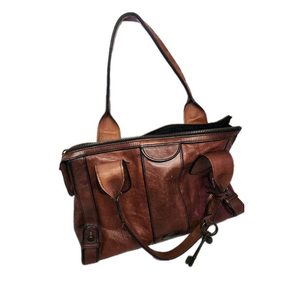 Vintage Fossil Reissue Large Satchel Handbag Camel Brown Leather With Key Charms - Picture 14 of 16